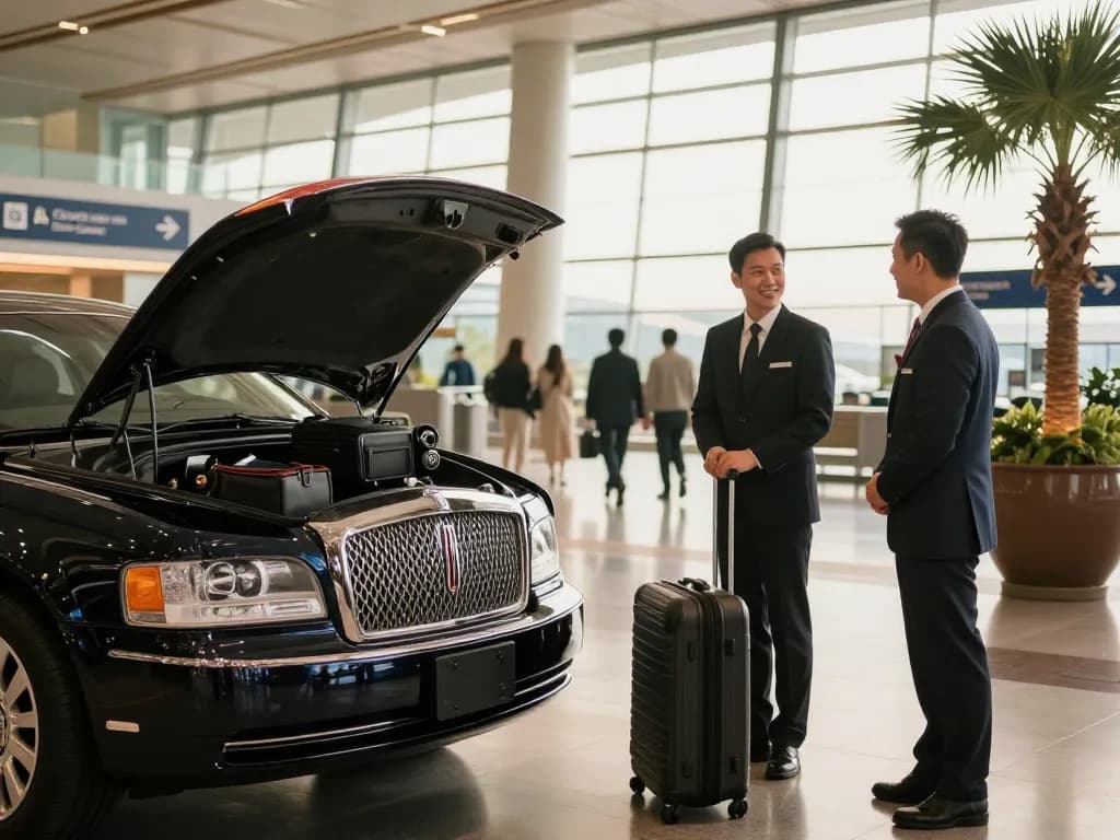 Chauffeur service Midway Airport with professional driver welcoming passengers in luxury vehicle at the terminal.