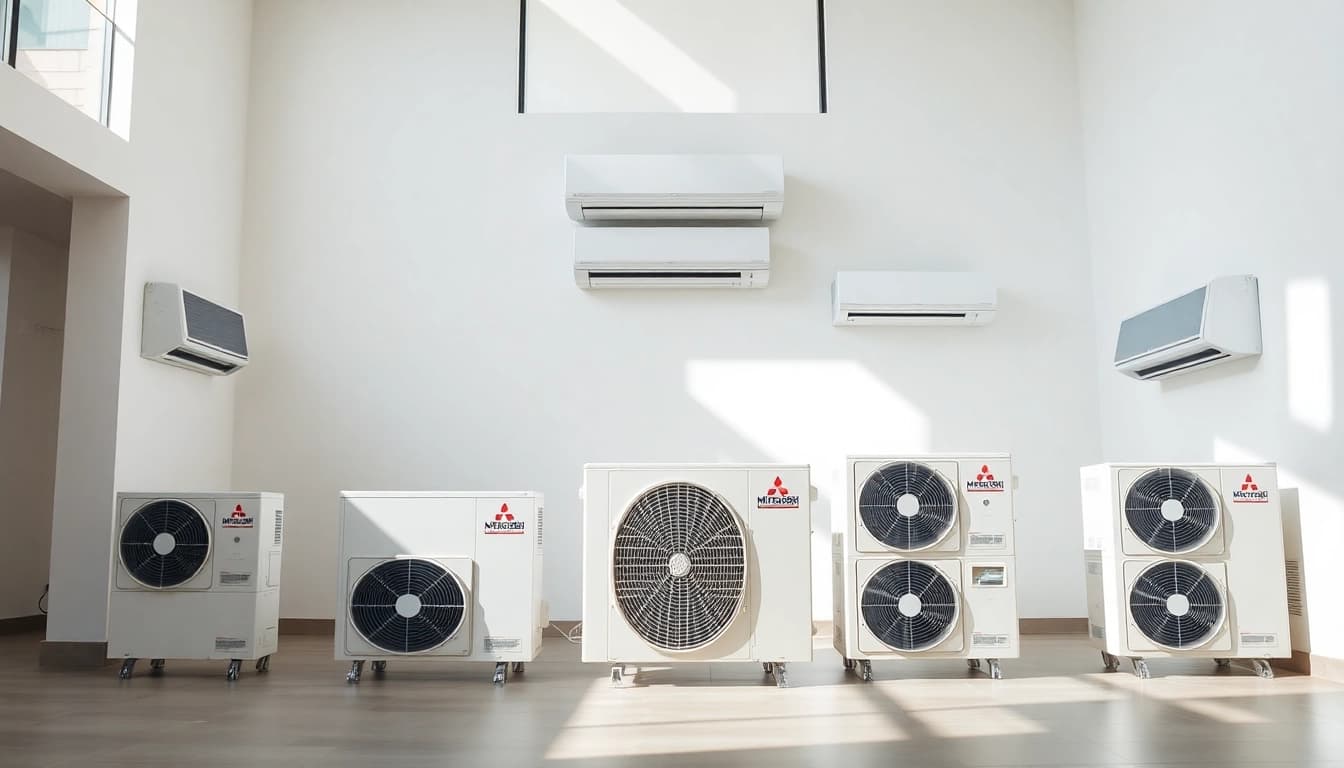 Showcase of Mitsubishi mini split AC units in a bright showroom environment.