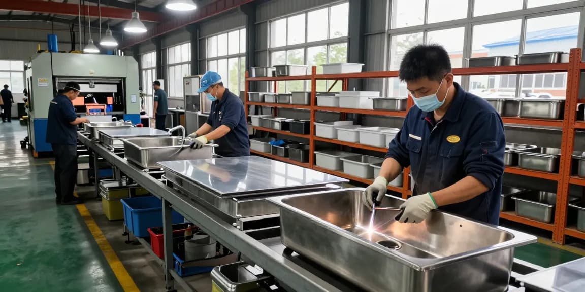 Stainless steel basin factory showcasing skilled workers assembling quality sinks with precision.