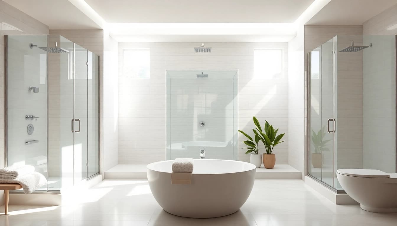 Experience elegant showers with modern design and luxurious features in a bright, serene bathroom.