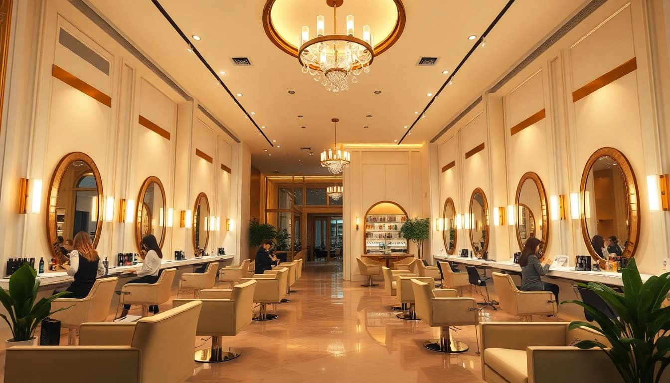 Luxurious interior of the best hair salon Dubai, showcasing modern decor and hairstylists at work.