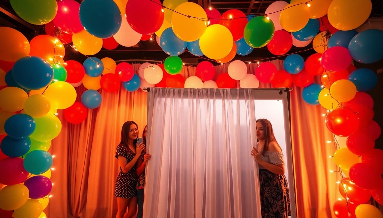 Enhance your celebrations with an enticing photo booth rental featuring a colorful backdrop.