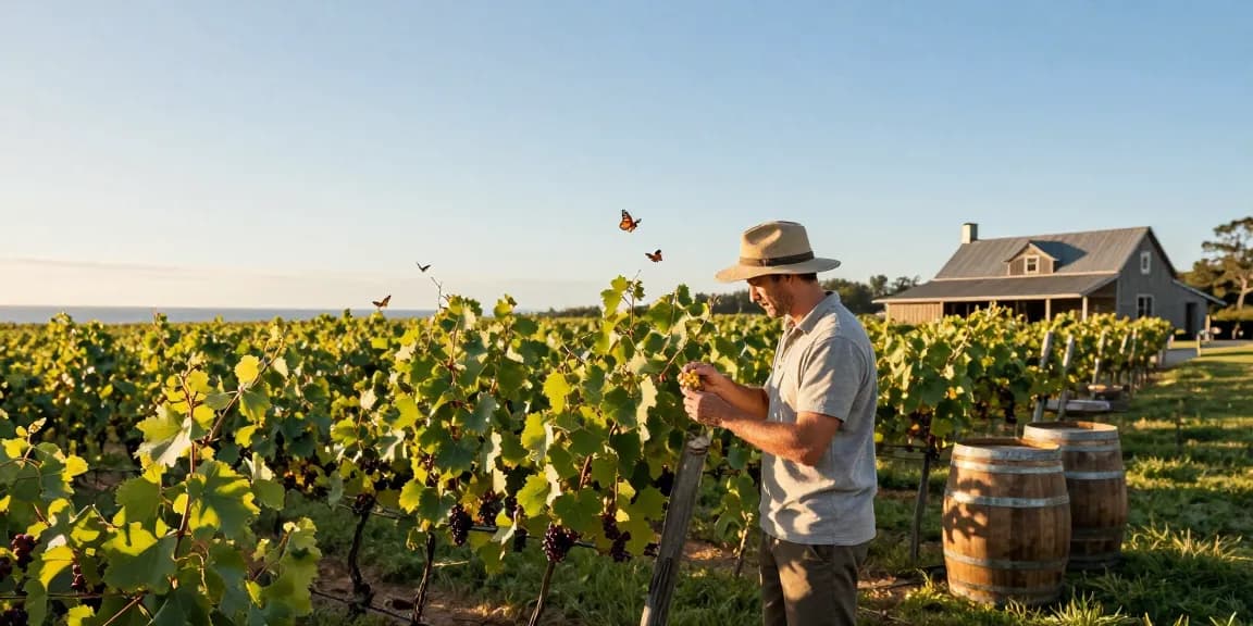 Winemaker inspecting grapes in a coastal vineyard, showcasing Long Island wines' beauty and craftsmanship.
