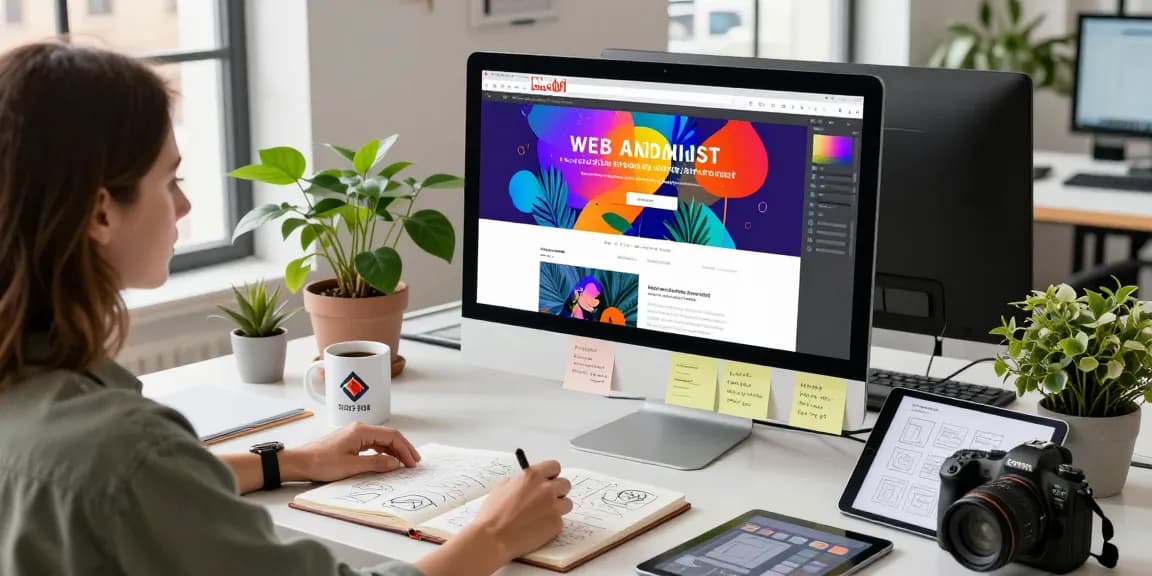 Creative workspace showcasing web design activities with a designer at a monitor