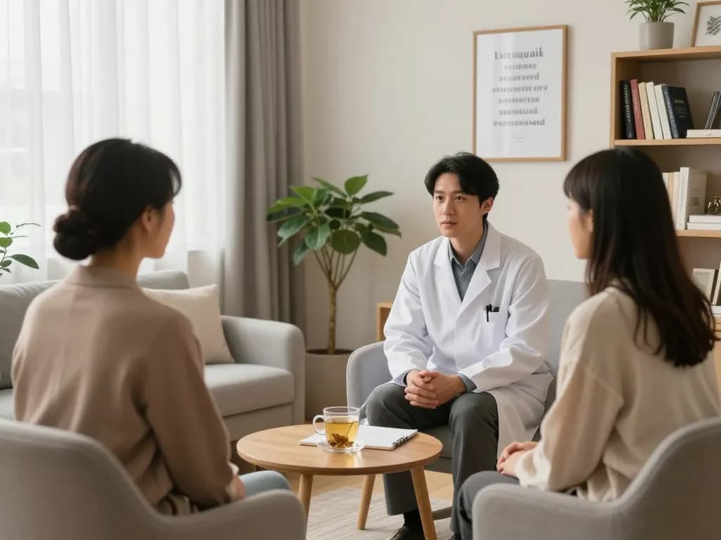 Therapy session focusing on 焦慮症症狀 with psychiatrist and patient in a calming clinic.