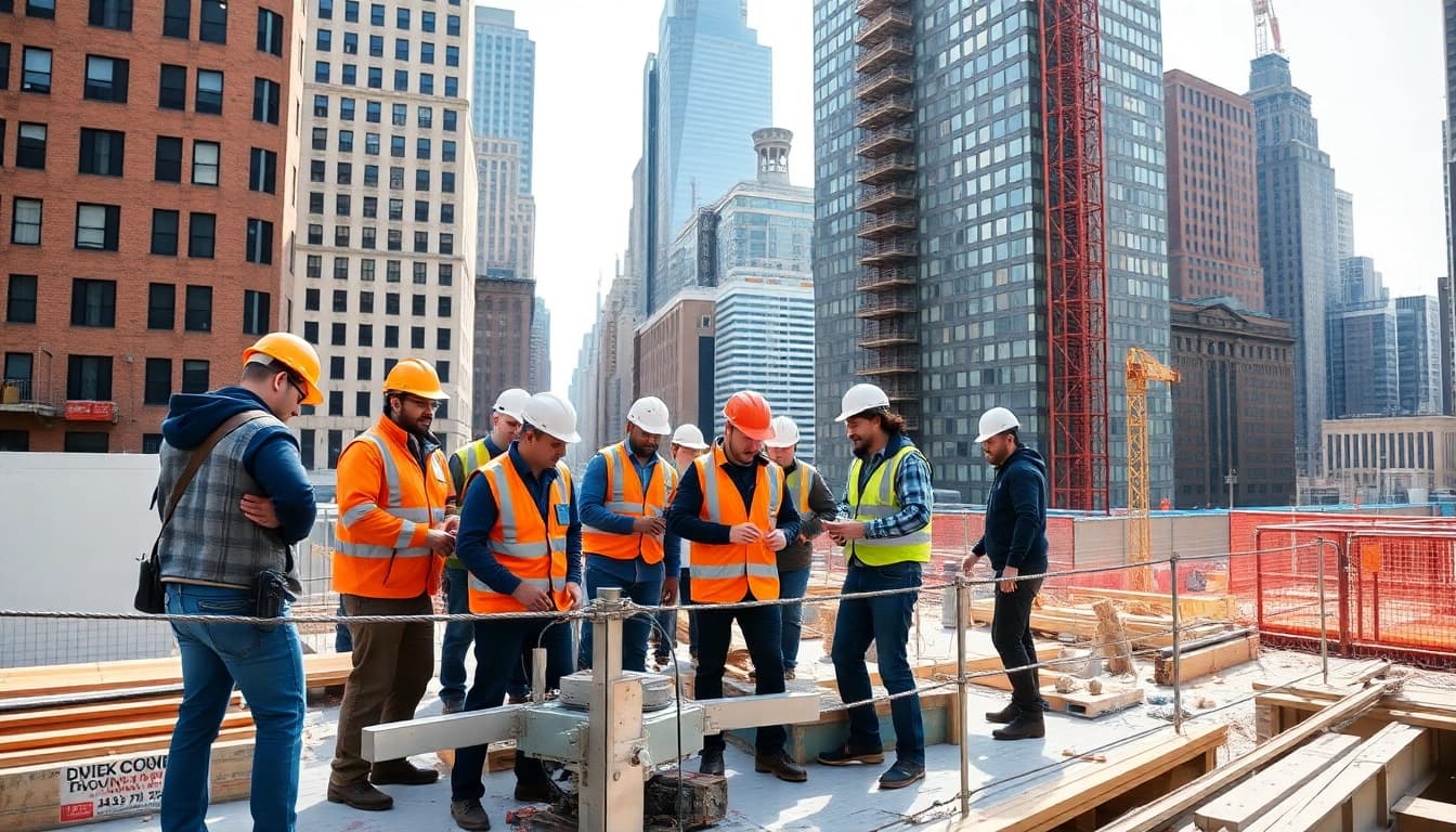 New York City General Contractor leading a collaborative construction project with a diverse team.
