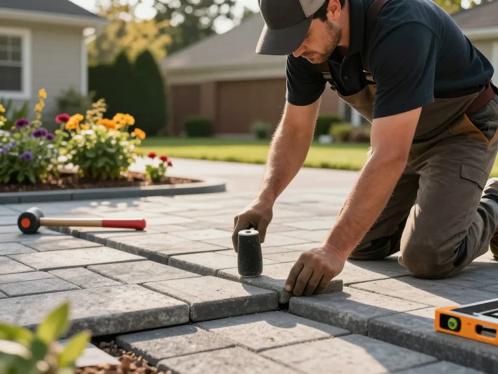Expert installation by paver contractors near me transforms a backyard with luxurious stone pavers.
