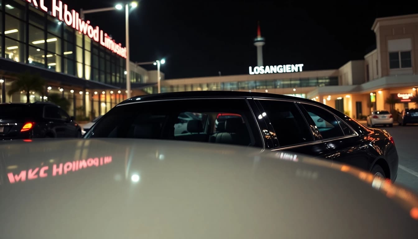 Hollywood Town Car and Limousine offering premium airport pickup service in Los Angeles with a luxury vehicle.