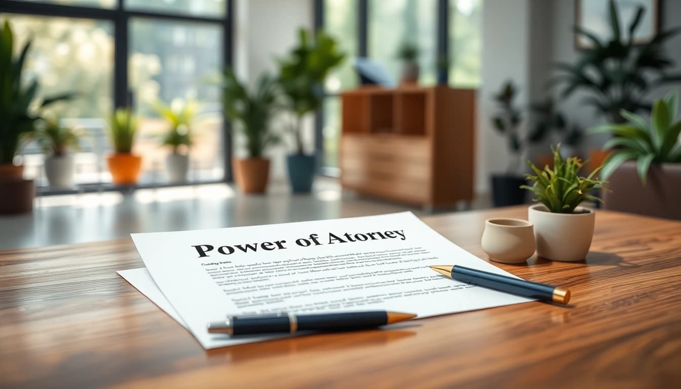 Visual representation of a Power of Attorney document on a stylish desk, evoking professionalism and trust.