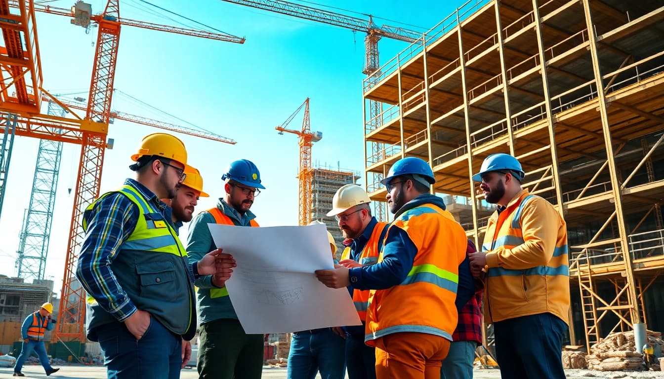 Workers engaging in construction advocacy at a building site, emphasizing teamwork and precision.
