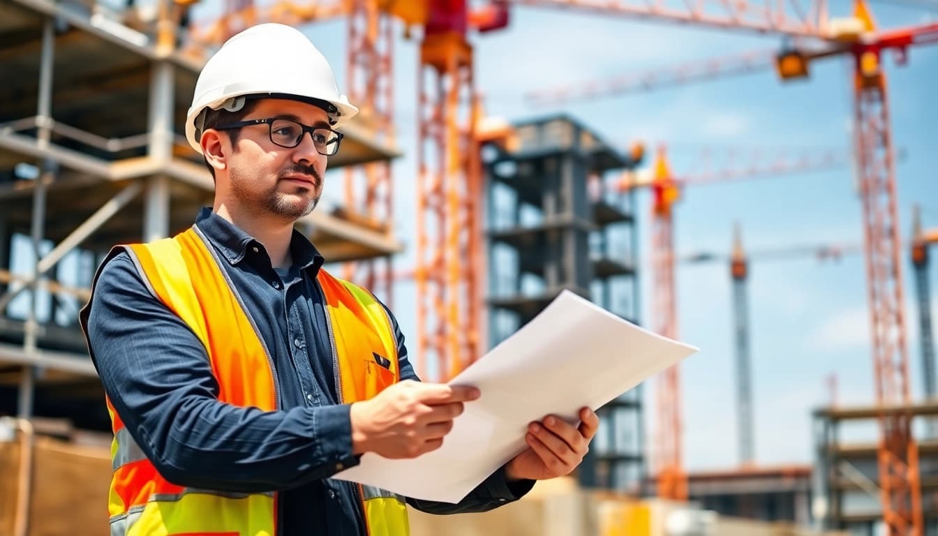 New Jersey Construction Manager confidently oversees a bustling construction site with cranes.