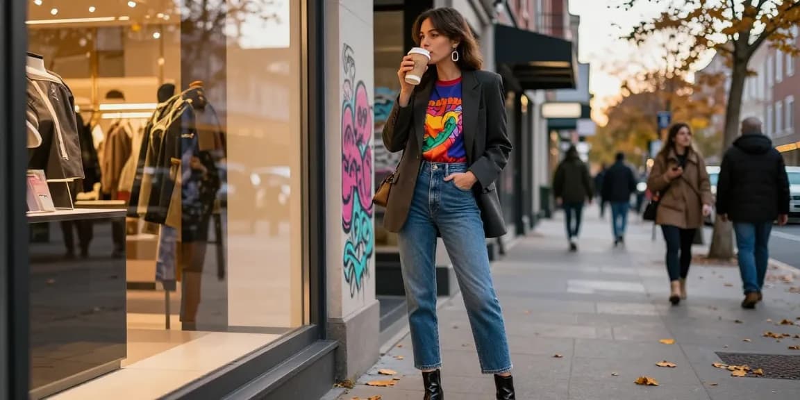 Trendy woman in a fashion blog outfit checking her reflection in an urban setting.