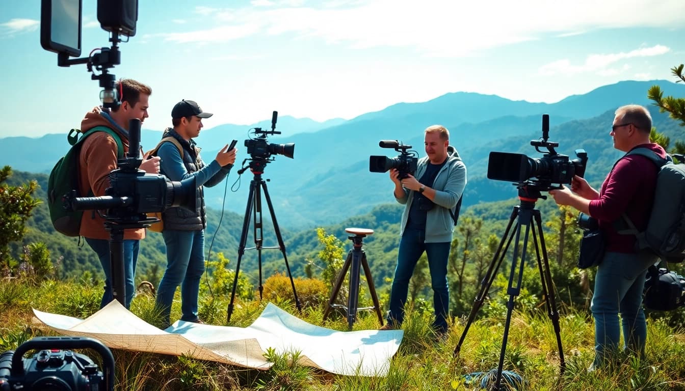 Location scouting by videographers amid stunning scenic mountains and clear skies.