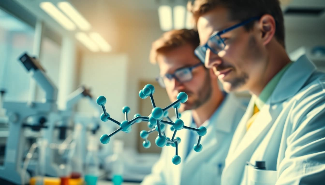 Researcher analyzes Retatrutide model in a bright, innovative lab environment.