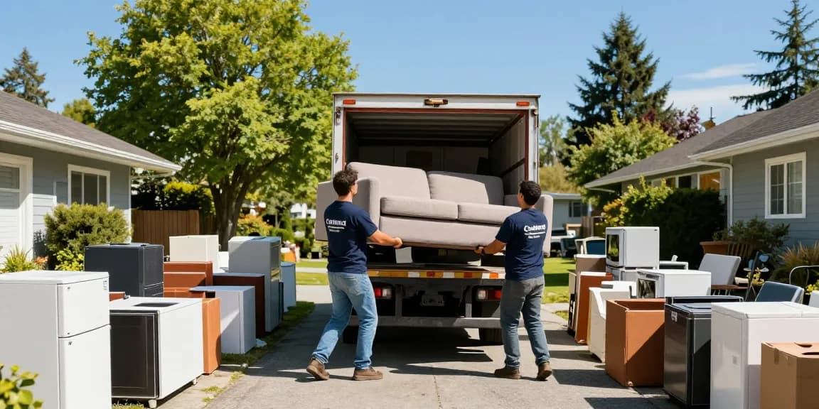 target Junk Removal Vancouver team lifting sofa into truck in sunny residential area
