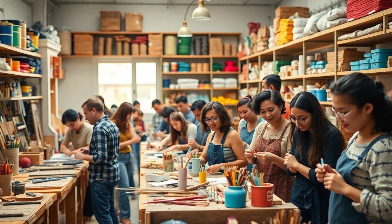 Individuals engaged in craft training, showcasing skills and creativity in a vibrant workspace.