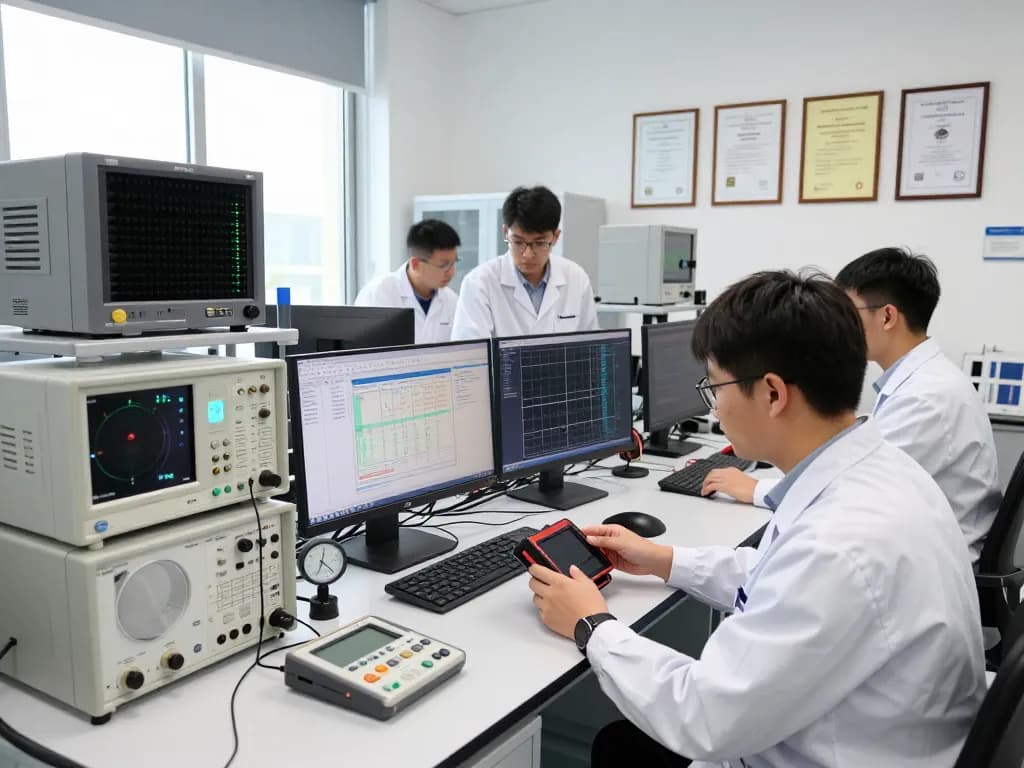 Engineers conducting ICES compliance testing in an advanced EMC laboratory with state-of-the-art equipment