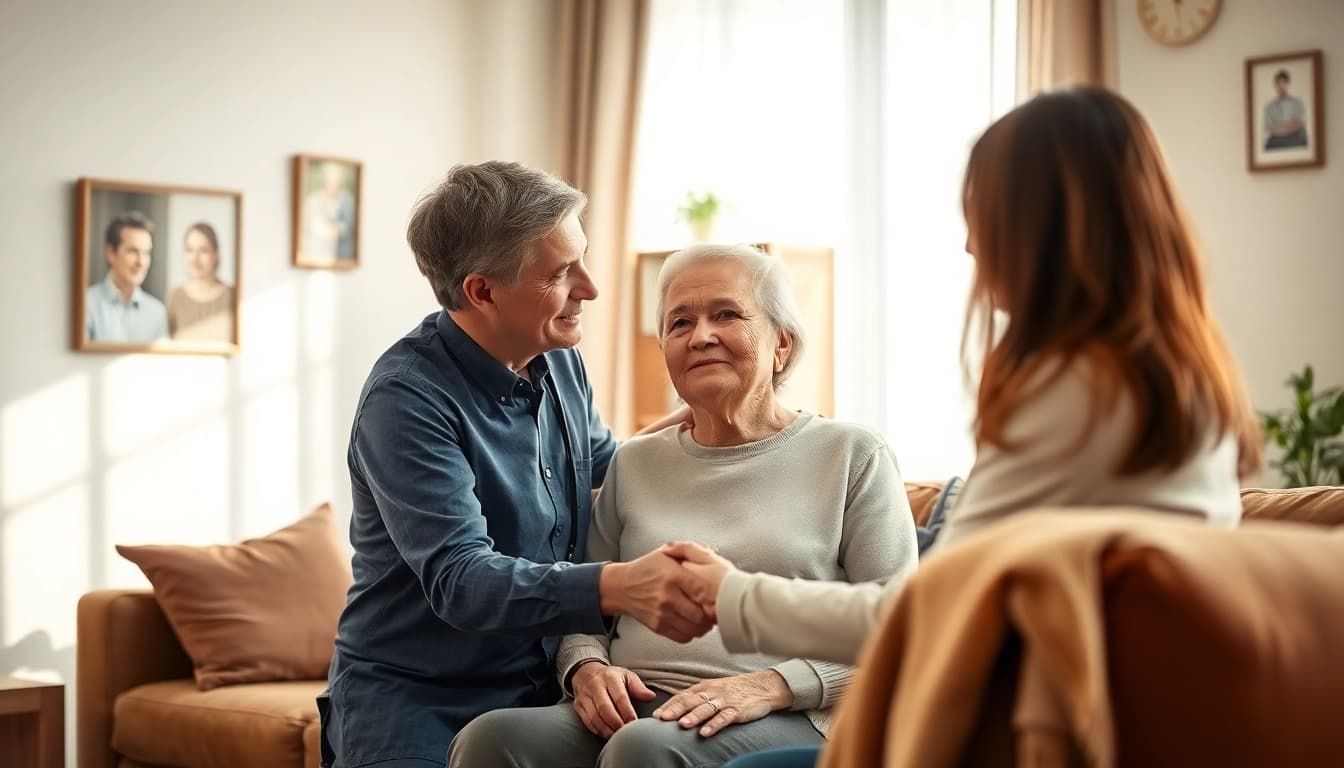 Engaging scene of in home care for seniors, highlighting caregiver assistance in a comforting living room.