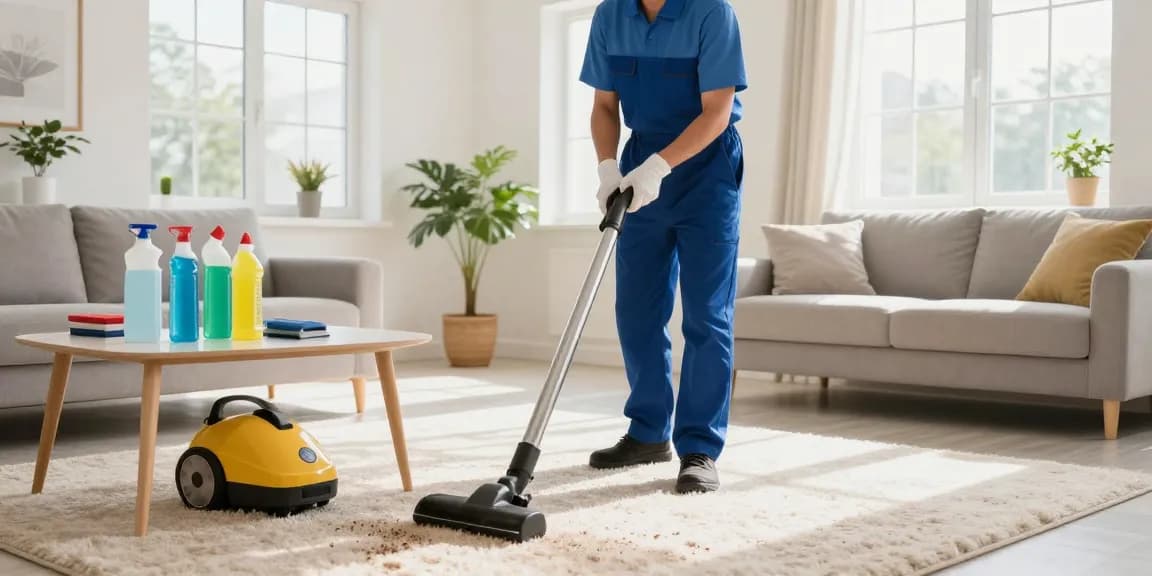 Professional cleaner performing umzugsreinigung solothurn in a well-lit living room, showcasing the importance of cleanliness.