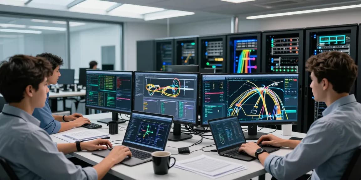 Engineers collaborating on a fiber optic network in a high-tech data center.