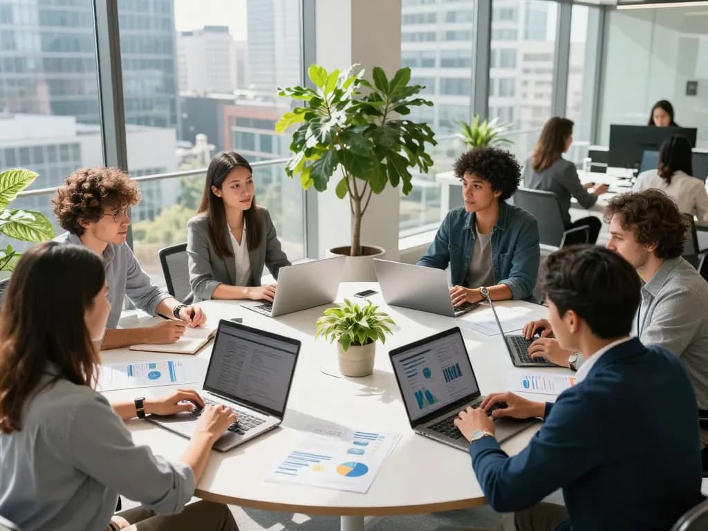 Team collaborating in a modern office, showcasing effective staffing agencies solutions.