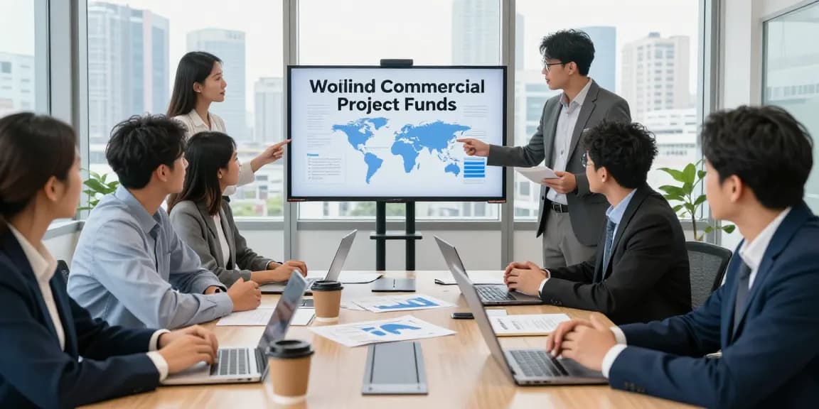 Business team discussing worldwide commercial project funds in a modern office.