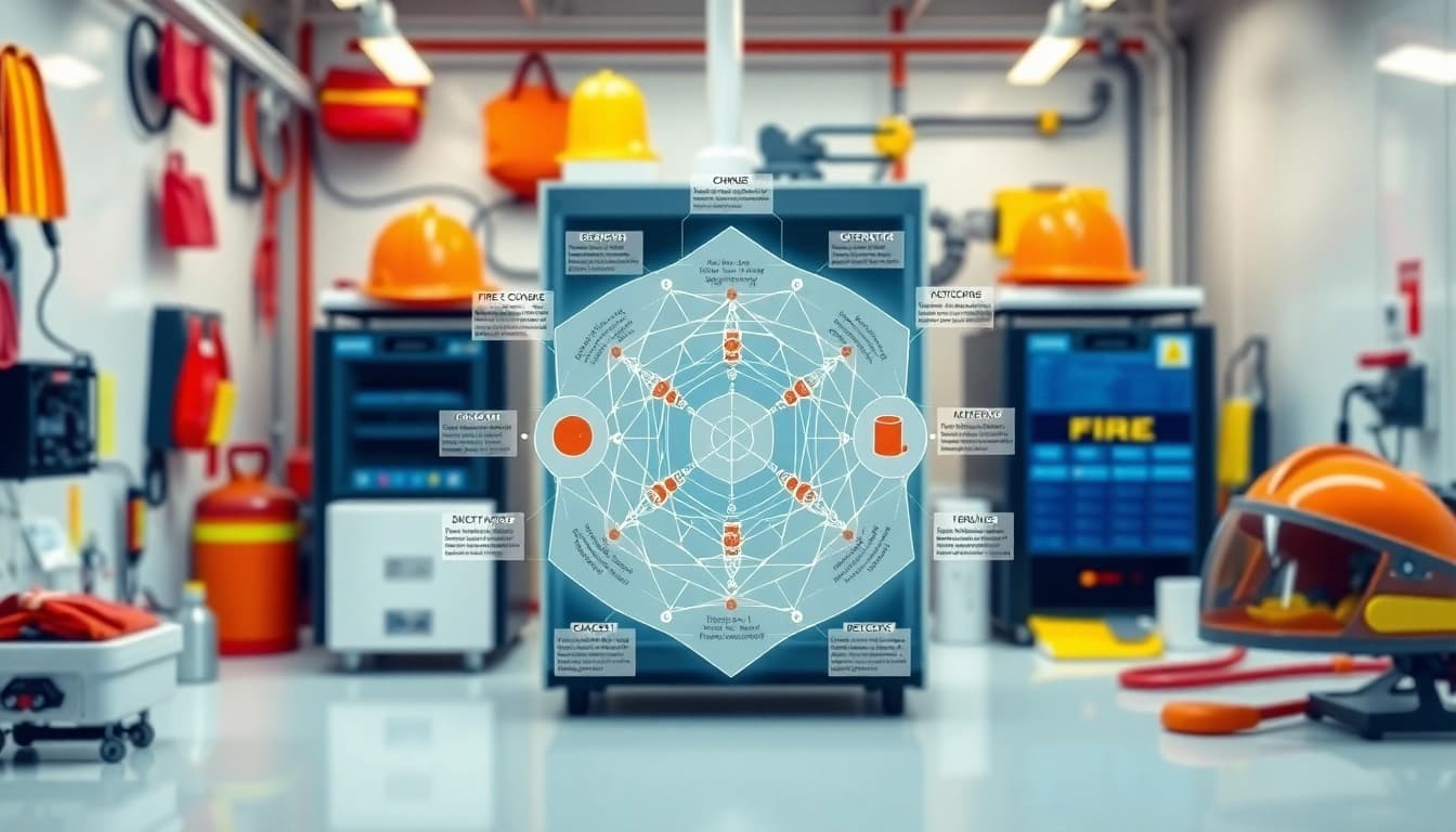 Understanding the fire tetrahedron concept through an informative diagram in a laboratory setting.