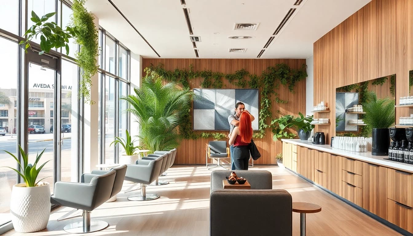Aveda salon San Diego with professional stylists using eco-friendly products in a calming ambiance.