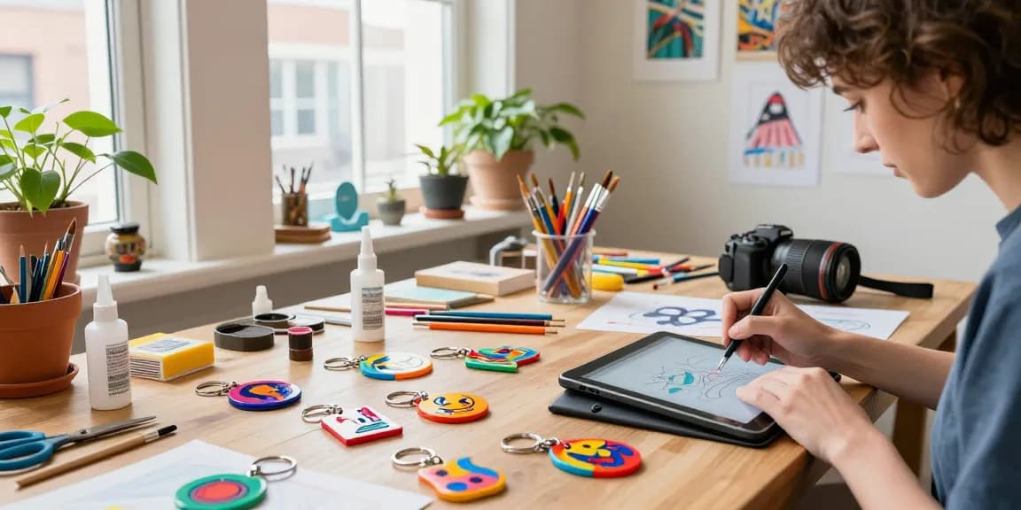 Vibrant acrylic keychains being designed in an art studio.