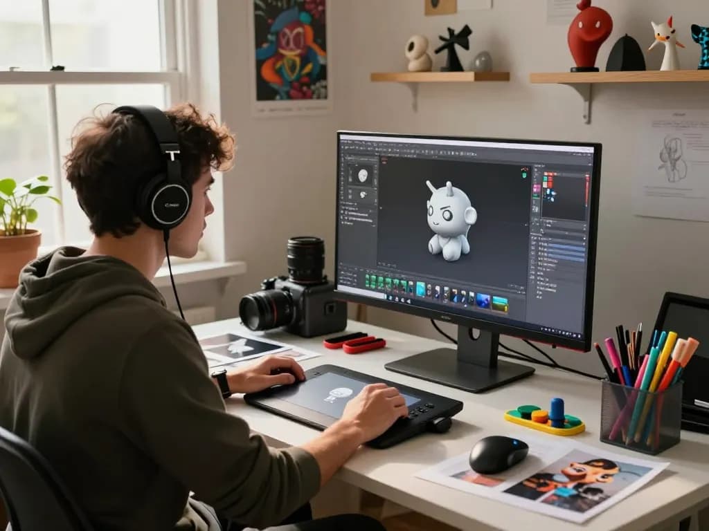 3D model generator in action at a creative workspace, showcasing intricate designs on a large monitor.