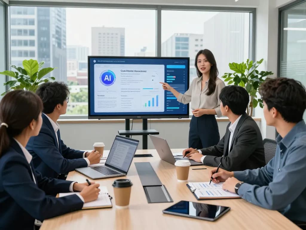 Team discussing AI call handling service strategies in modern office.