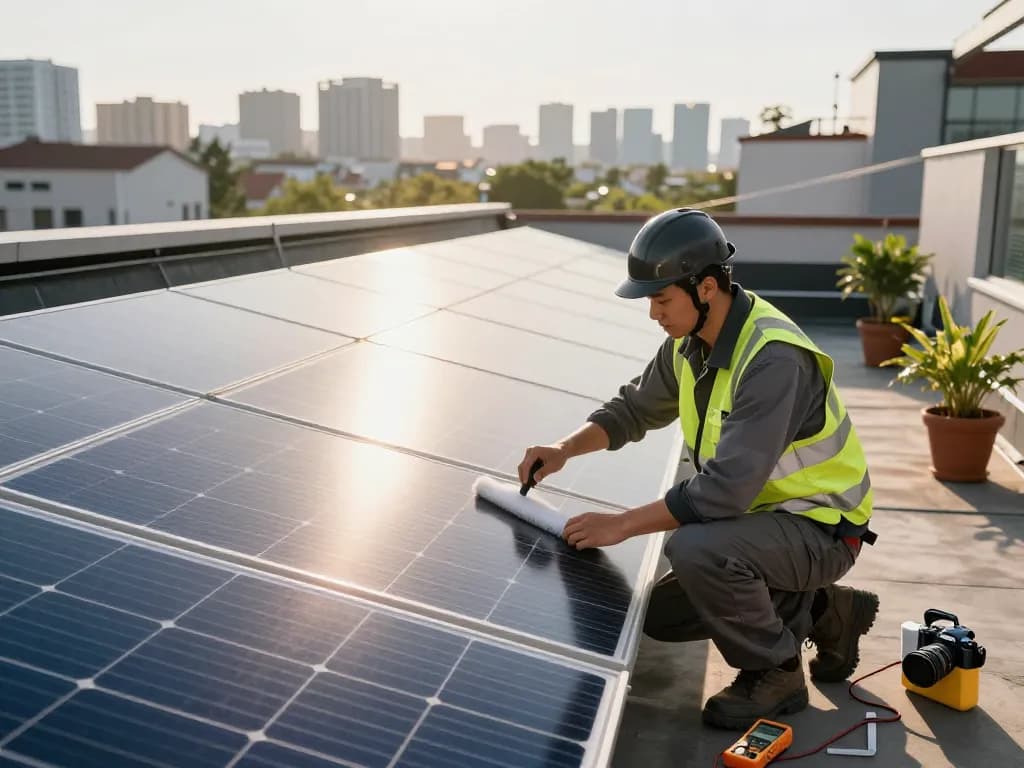 Solar energy technician inspecting panels for degradazione LID e LeTID nei moduli PV on residential rooftop, urban skyline in background.