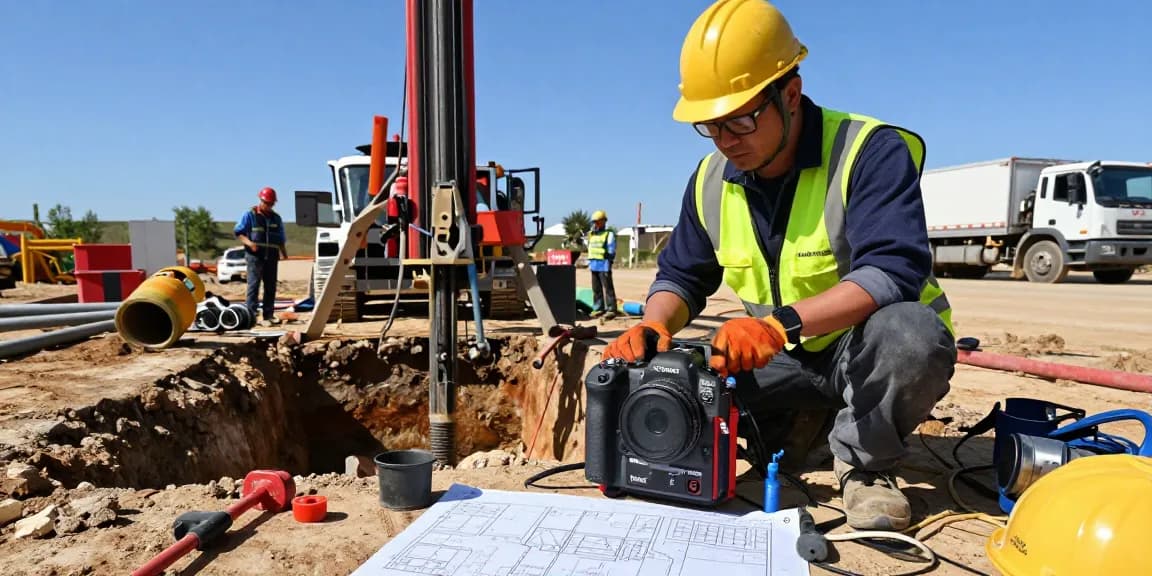 Technician operating a digitrak f5 transmitter on a directional drilling site with safety gear and tools.