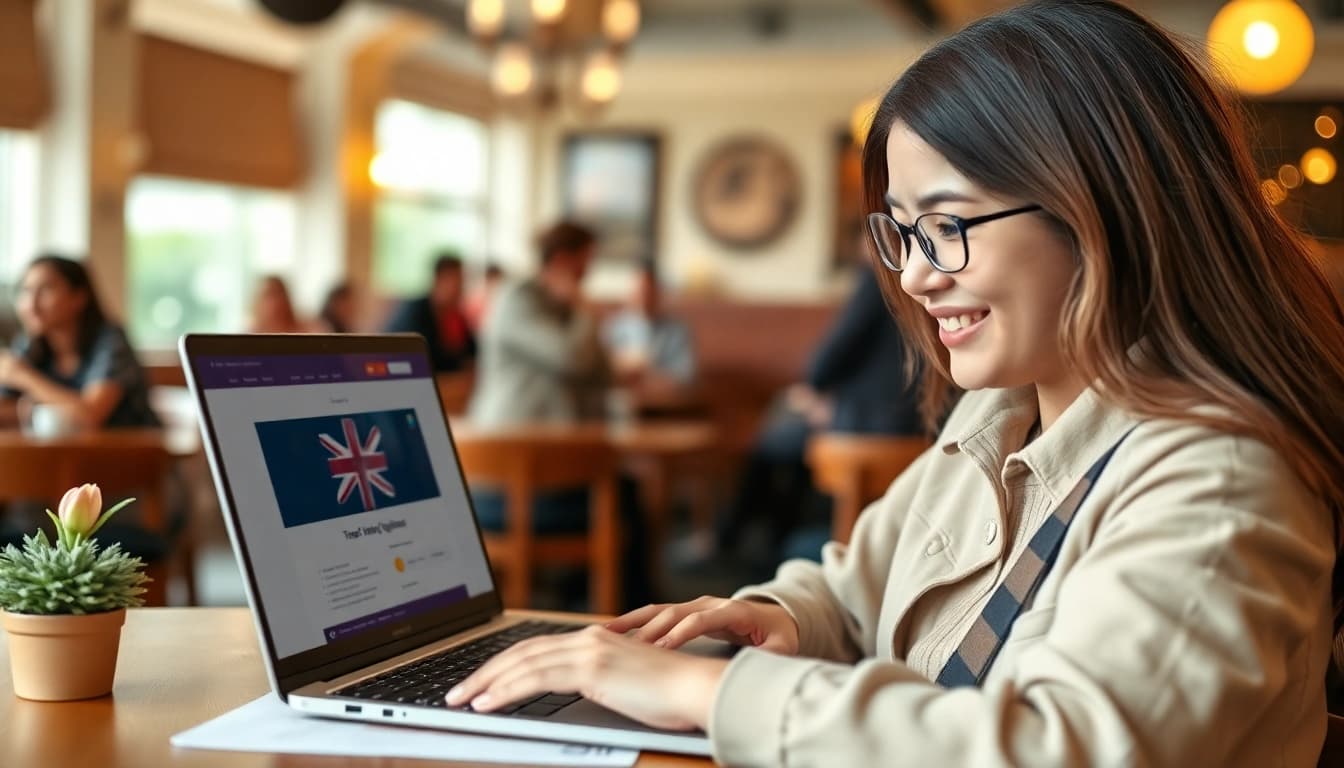 Filling out the uk eta online application on a laptop in a cozy cafe.