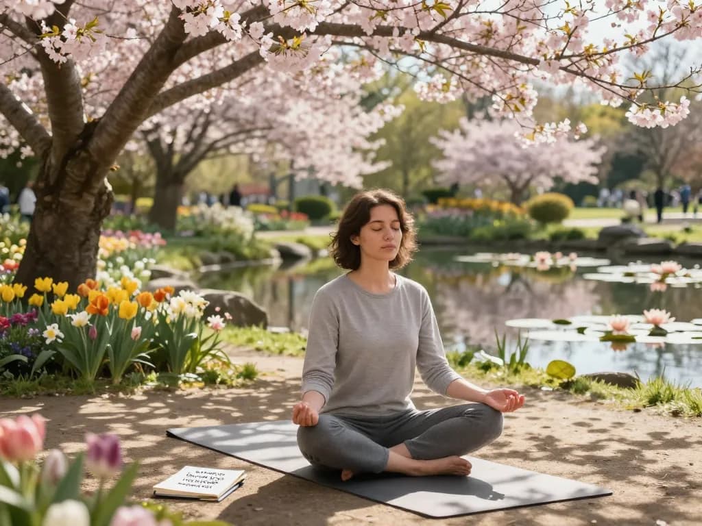 Individual practicing positive thinking guidance in a peaceful garden setting