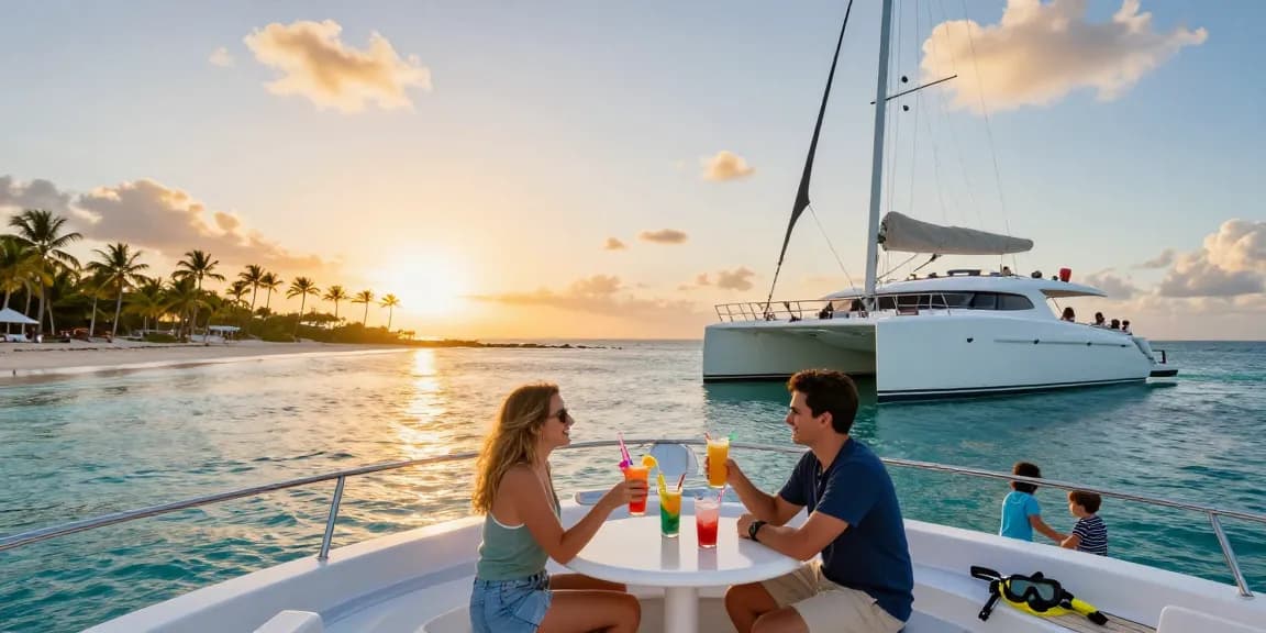 Luxurious yacht rental Punta Cana experience with sunset views and happy family.