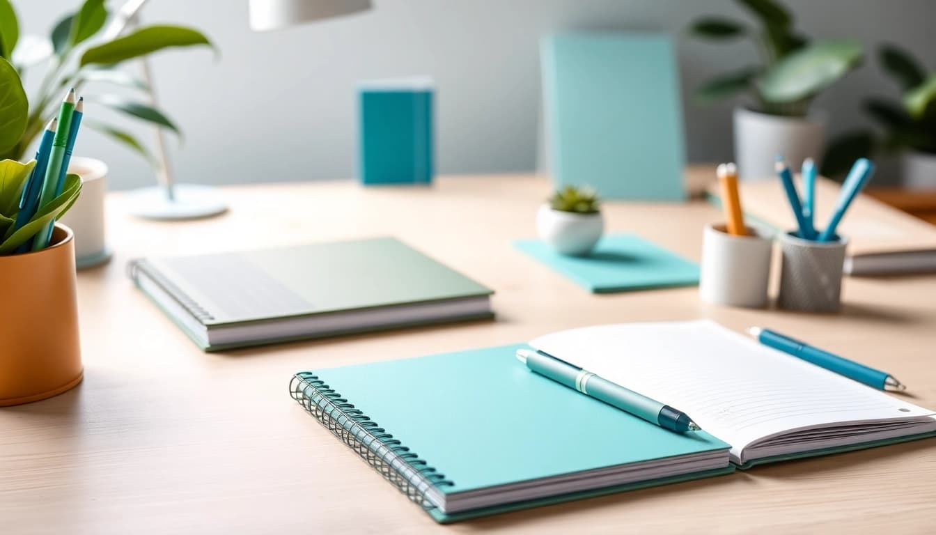 Showcase the productivity-enhancing AMC Essentials products in a tidy office environment.
