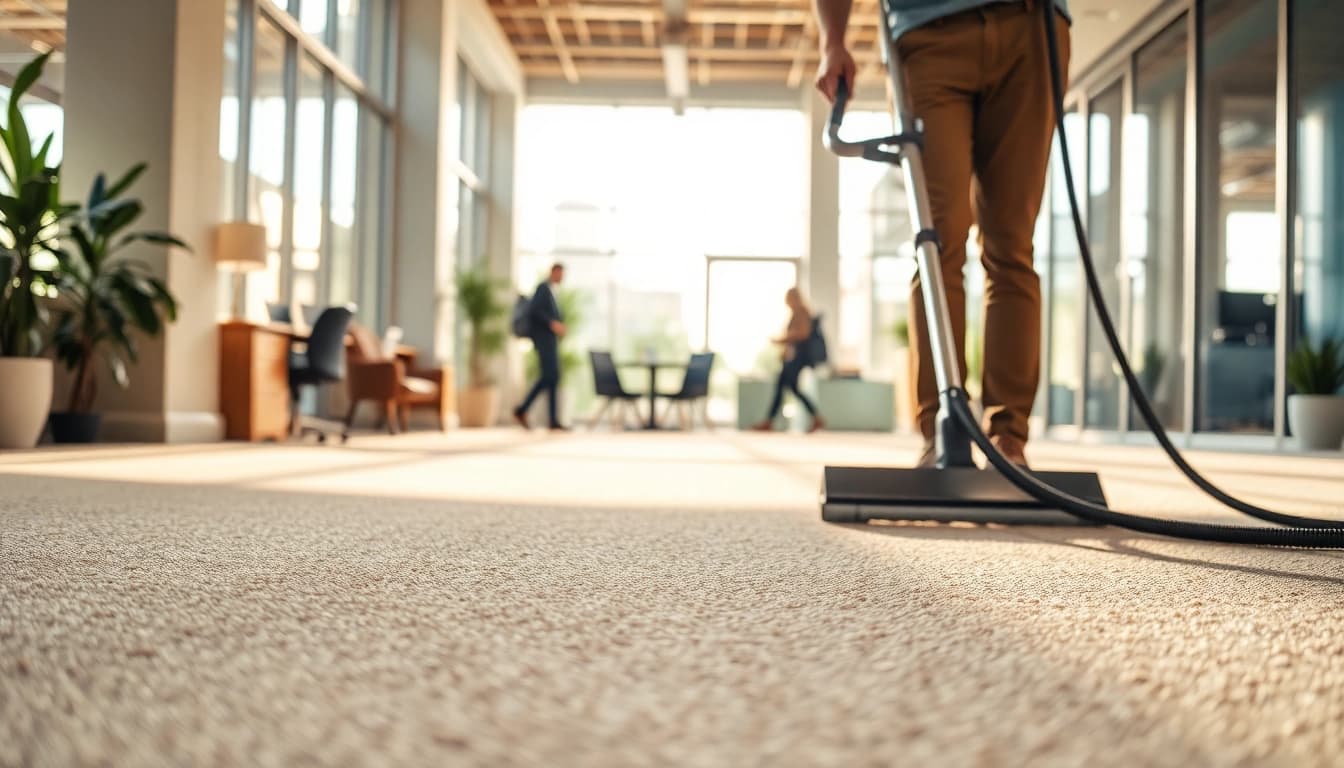 Expert commercial carpet cleaning in an office, showcasing clean carpets and advanced techniques.