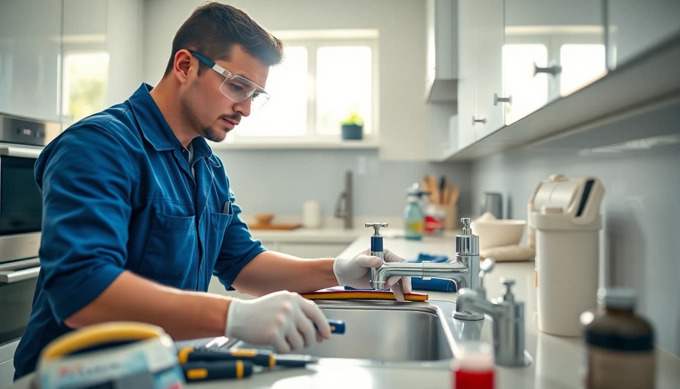 Skilled plumber near me fixing a sink in a modern kitchen, emphasizing professionalism.