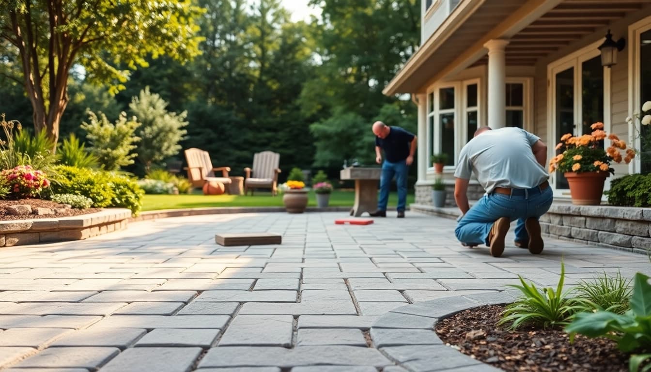 Paver patio installation Bay Area showcased by skilled professionals in a lush backyard.