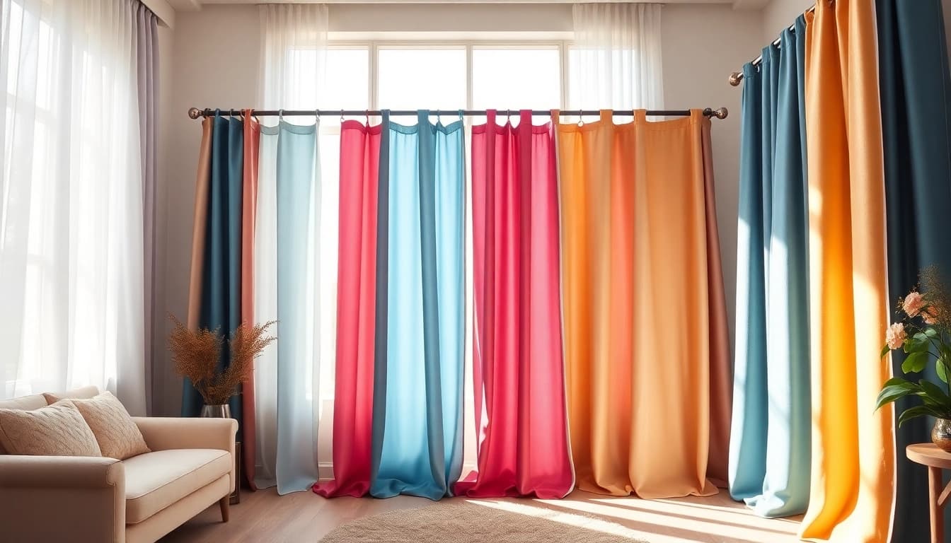 Stoffen voor gordijnen in diverse kleuren en texturen hangen elegant in een stijlvolle kamer.