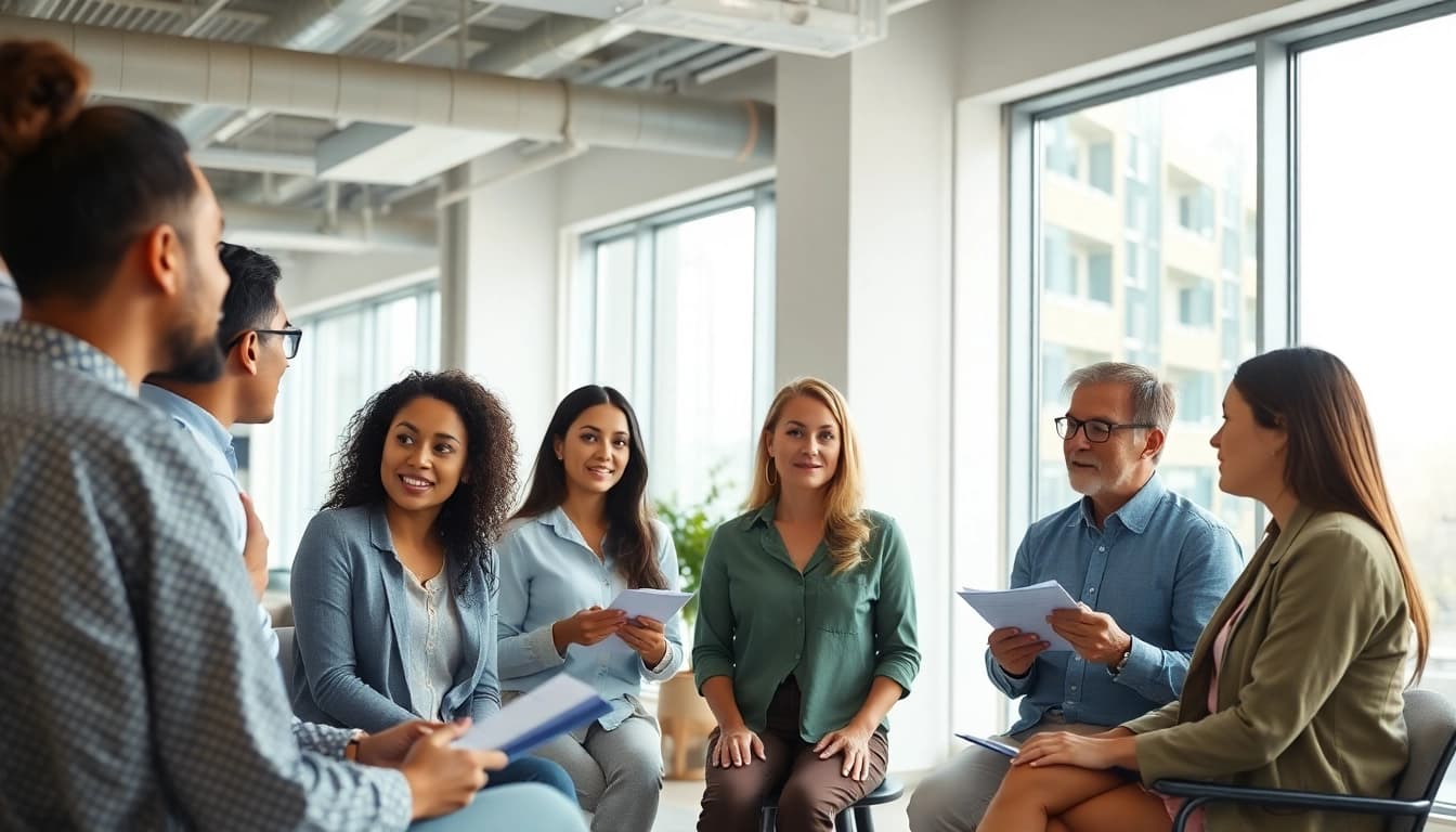 Engaging mental health tips discussion with a diverse group in a bright office.