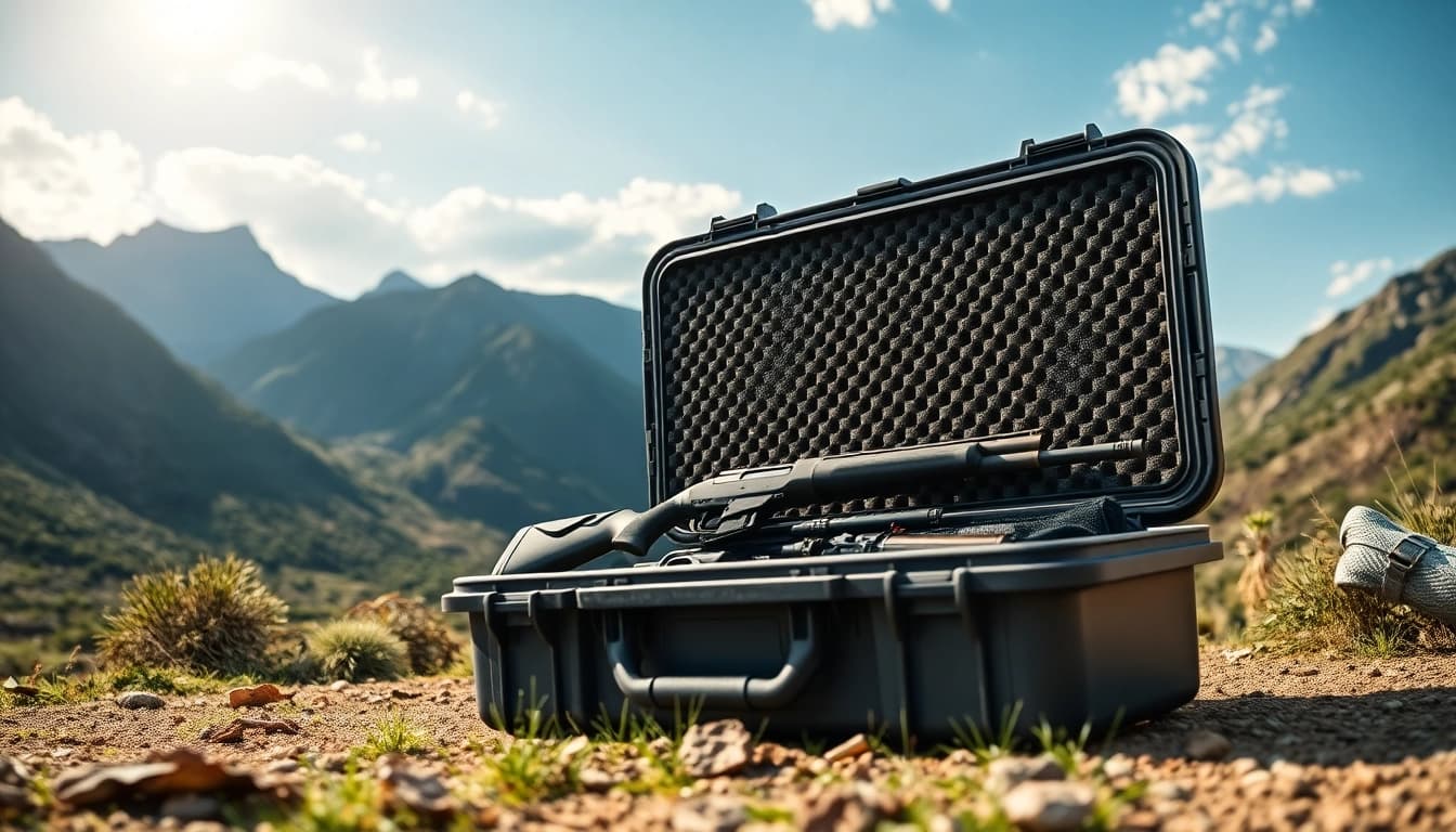 Pelican gun case for sale showcasing design and features with firearms neatly arranged inside.