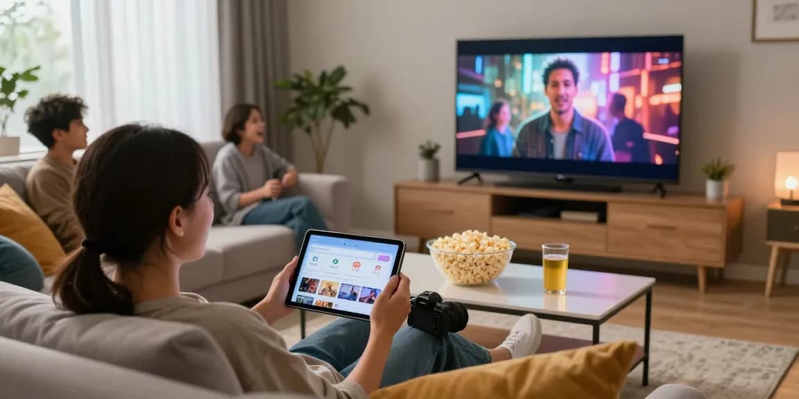 Pikashow app streaming entertainment on tablet in cozy living room.