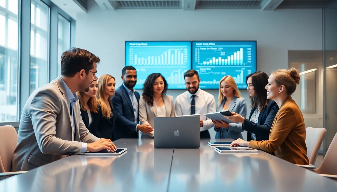 Collaborating business professionals analyzing data for B2B competitive intelligence strategy.