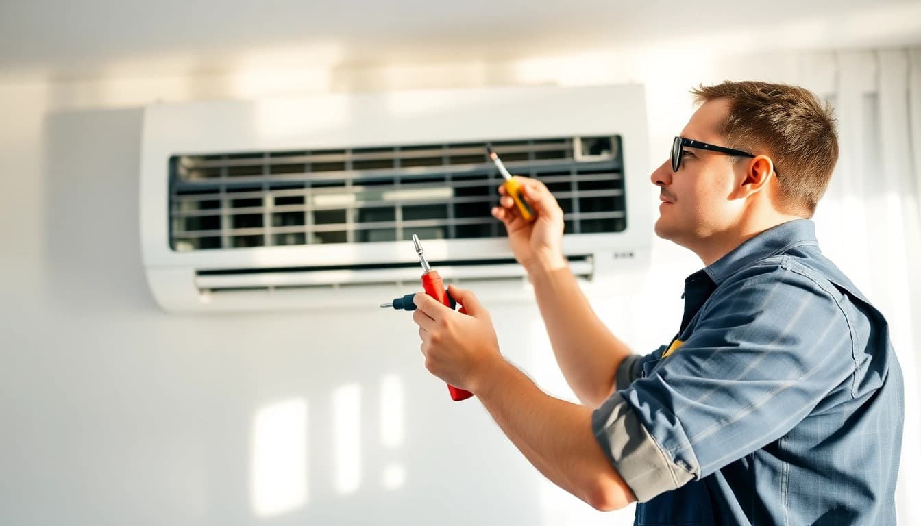 Air Conditioning Repair Tampa technician skillfully repairing an AC unit in a bright living room.