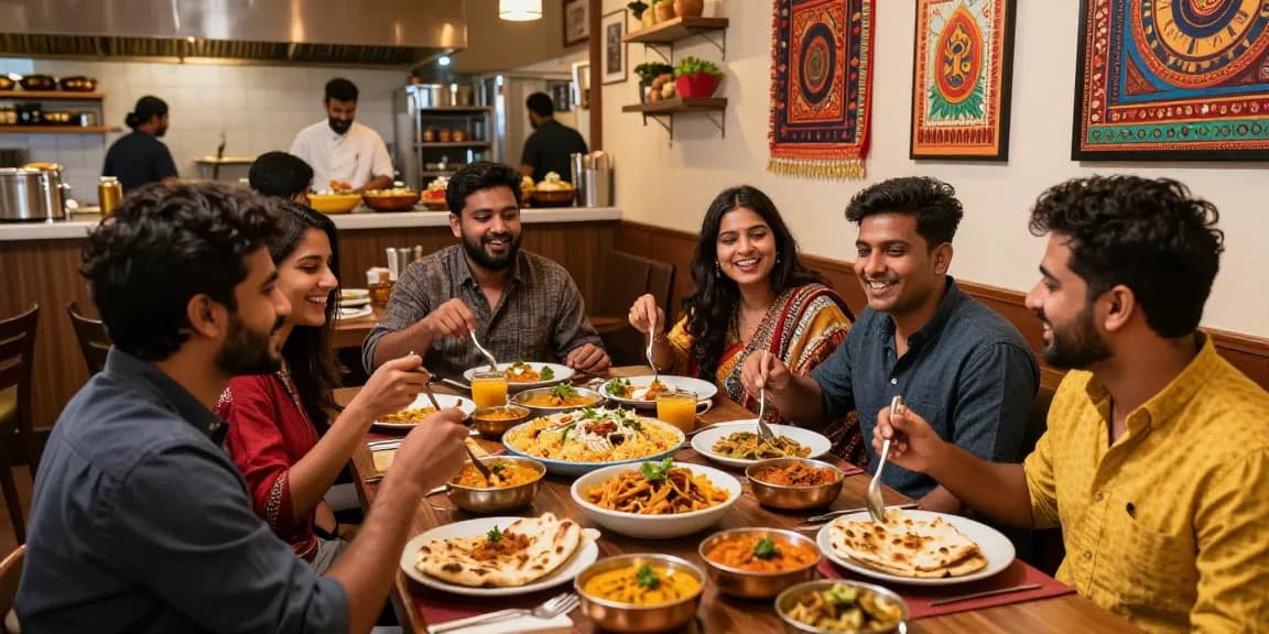 Indian restaurant Sunnyvale downtown with friends enjoying vibrant dishes in lively atmosphere