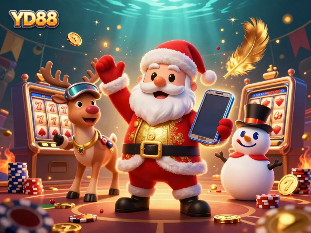 Spin the reels with YD88 in a lively casino scene featuring Santa and friends.