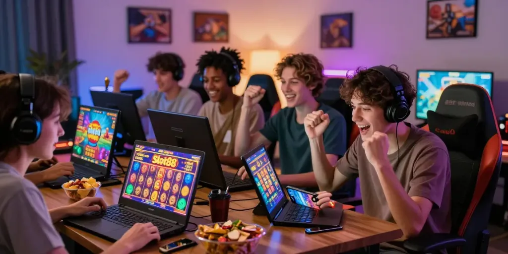A young adult experiences excitement playing KOITOTO slot games online, surrounded by friends and colorful graphics.