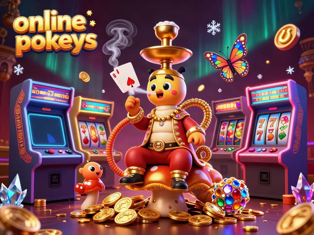 Engaging scene of online pokies featuring a Turkish sultan caterpillar, slot machines, and poker symbols.